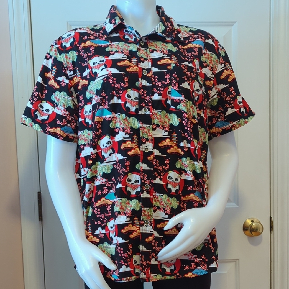 VSTR Premium Japan Panda All Over Print Graphic Button Down Shirt Men's Size M
